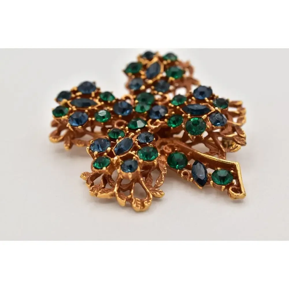 BSK Vintage Crystal Clover Pin Brooch Green Blue Rhinestone Gold Signed BinBG